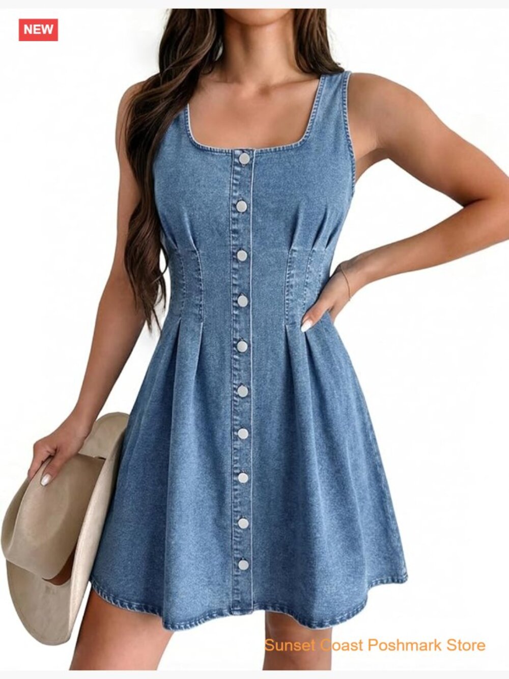 Women's Sleeveless Denim Dress Square Neck Mini Babydoll Romper